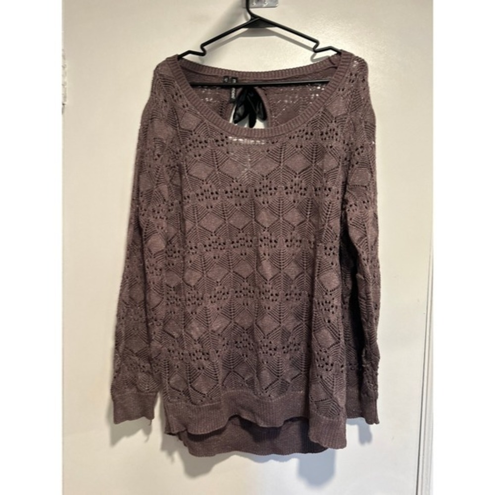 Maurices gold shimmer Boho Pointelle Knit Sweater Sz:2 Mauve Ribbon Tie romantic